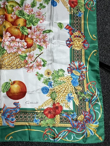 VINTAGE SCARF NAZARENO GABRIELLI 100% SILK Italy Fruit Floral Basket Green - Picture 5 of 7