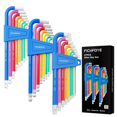 27pcs Allen Key Set Color Coded Hex Key Metric & Sae Extra Long Ball & Star End 