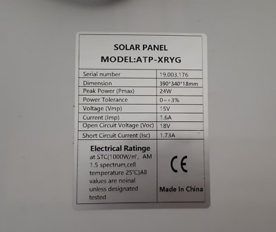 Panneau Solaire Pour Ventilateur - Modèle ATP-XRYG Réf 110.179 (neuf)
