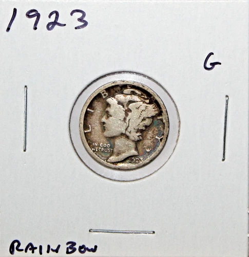 1923 US Mercury Silver Dime G Good Rainbow Toning Free Shipping