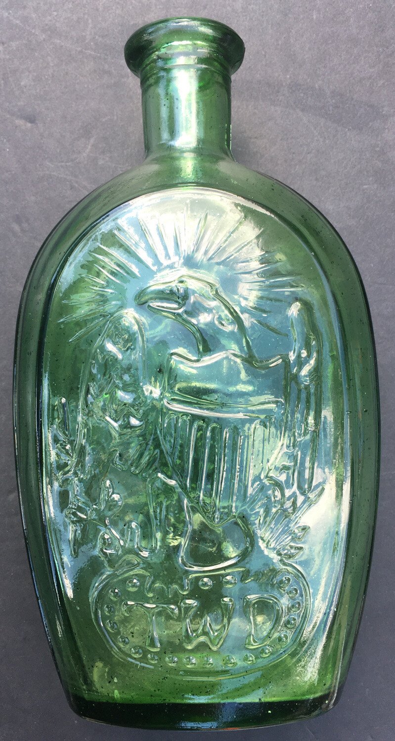 Vintage TWD Franklin Green Sparkle Glass Bottle Ship Eagle Design Flask