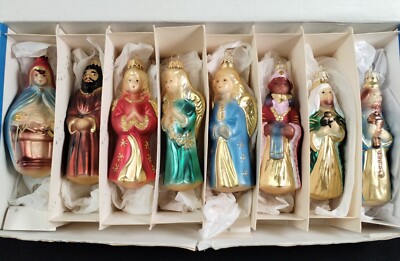 Lauscha Glas Creation Glass Christmas Ornaments 8 pc Nativity Set in box Germany