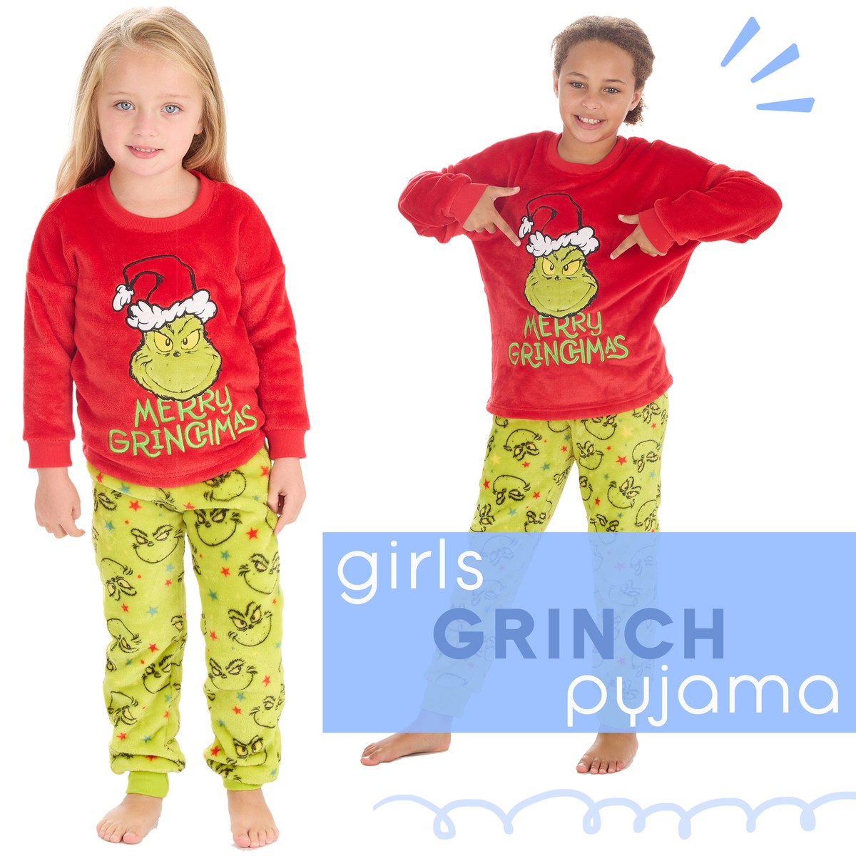 Kids Girls Grinch Pyjama Set Plush Fleece Long PJs Winter Lounge Set 2-13  Years
