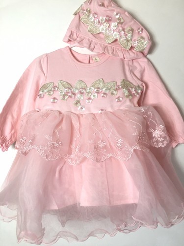 Baby Girl Floral Formal Party Dress Pilot Cap set 12-18 M Pink Long Sleeve - Picture 4 of 12