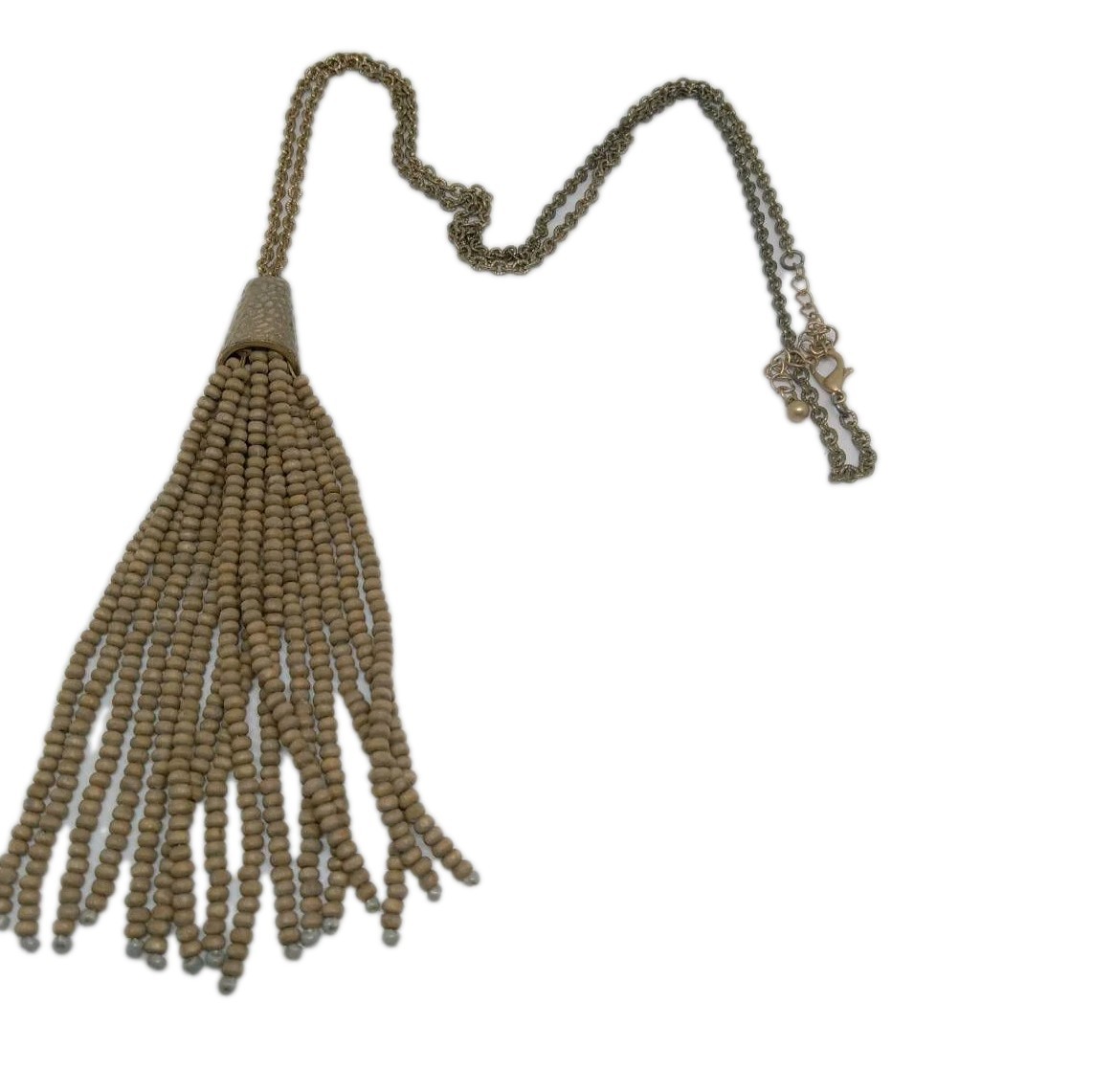 Wood Tassel Necklace Brown Seed Beads Round Gold Tone Chainlink Lobster Closure