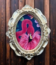 Pink Flamingo miniature art watercolor print in gold vintage style ornate frame