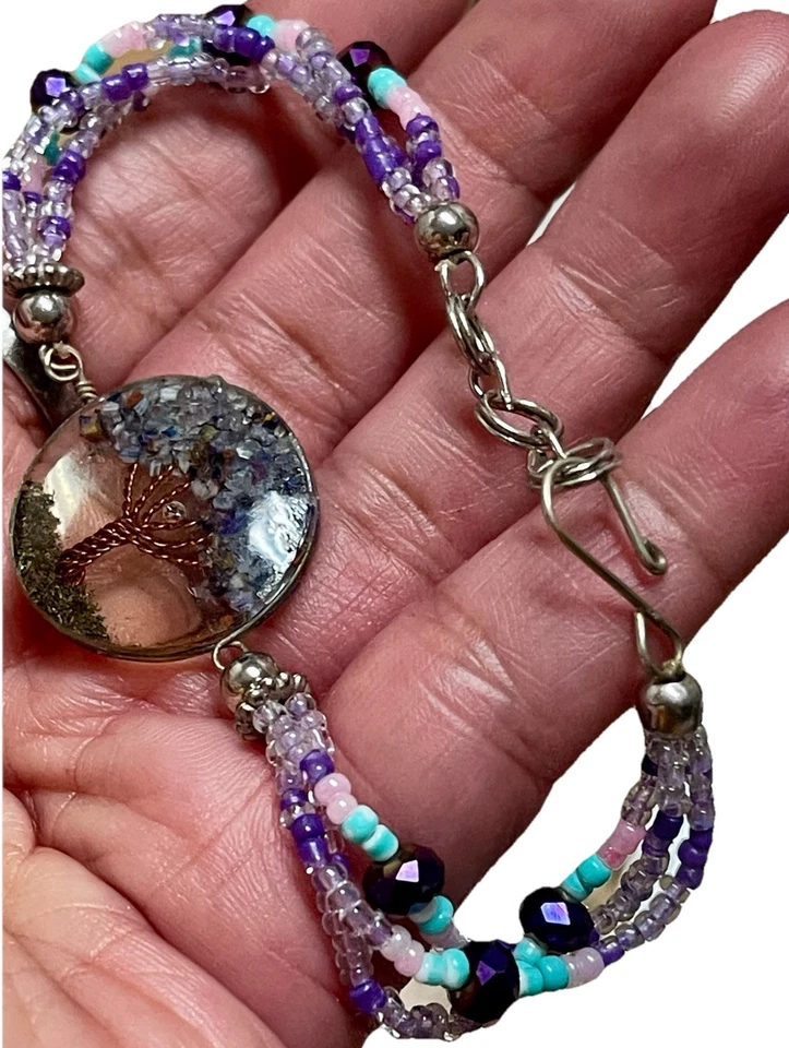 Pulsera de Resina Árbol de la Vida Hecha a Mano - Púrpura Multi-Hebra Semilla Cuentas Boho Joyería Foto 3 de 4