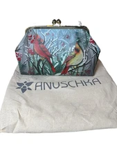 Anuschka Cardinal Hand Painted Kiss Lock Crossbody Clutch Purse Leather New