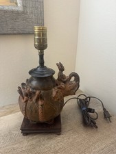 Elephant Table Lamp Ceramic Brown Wood Base Asian