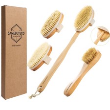 Dry Brushing Body Brush Set Long Handle, Natural Boar Bristle Body Face Brush