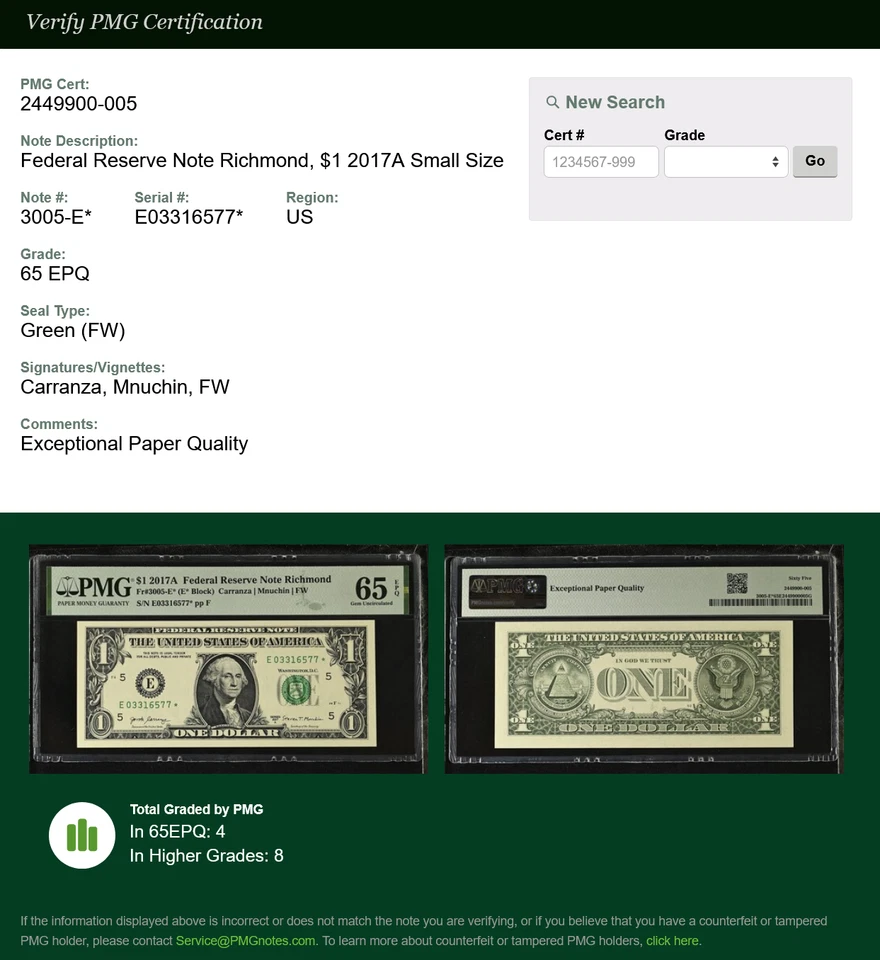 2017A $1 RICHMOND STAR NOTE PMG 65 EPQ 2nd Printing 250K Print Run Fr 3005-E* - Image 3 of 3