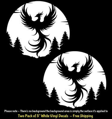 Phoenix Rising Full Moon 2 PK 5'' White Vinyl Decals Window Any Flat Surface