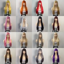 Women Long Straight Wig Full Bangs Cosplay Party Multiple Solid Colors Available