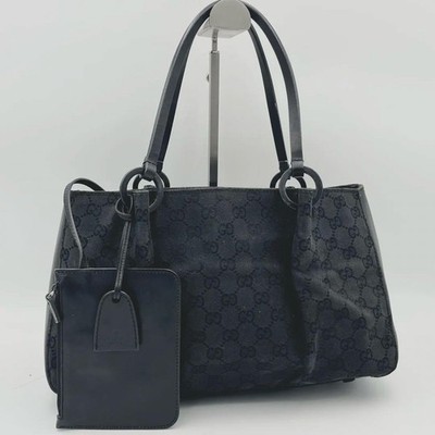GUCCI GG Canvas Leather Shoulder Tote Bag Black A4 Large Pouch Used From Japan