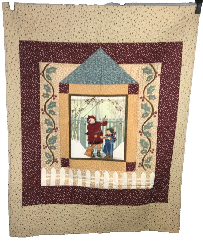 HANDMADE LAP QUILT OF GIRL AND BOY CLEARING SNOW