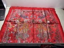 Vintage Chinese Piano Shawl. Red Silk 38x58 . Tapestry Tablecloth