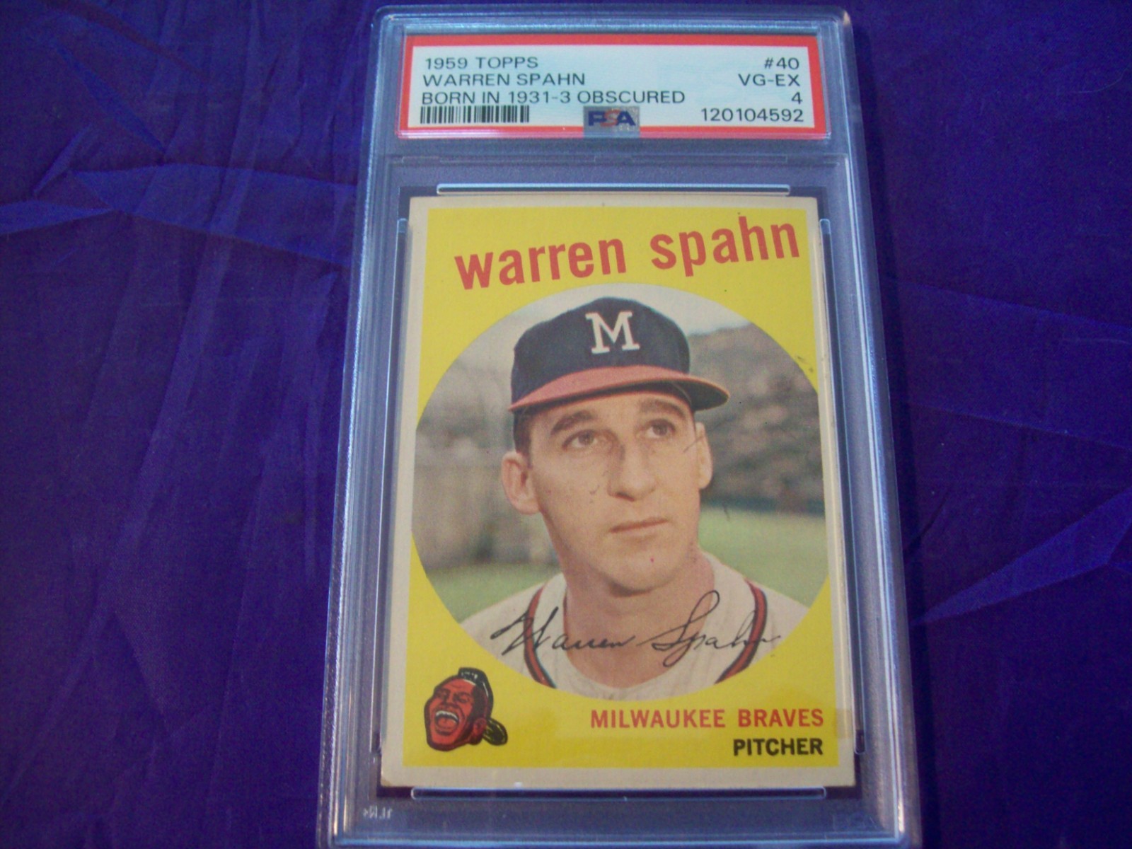 1959 TOPPS #40 WARREN SPAHN BORN IN 1931-3 OBSCURED PSA 4