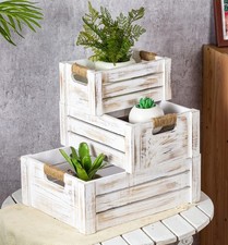 Set Of 3 Rustic Wood Nesting Crates Farmhouse Wooden Storage Container Boxes Wit