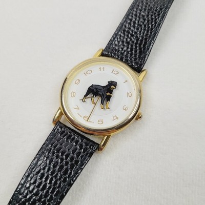 Vintage Rottweiler Dog Watch Black Leather Band Rotating Seconds Picture