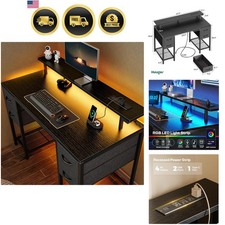 Computer Desk with Drawers LED Lights Power Outlets Gaming Desk Black 47 Inch