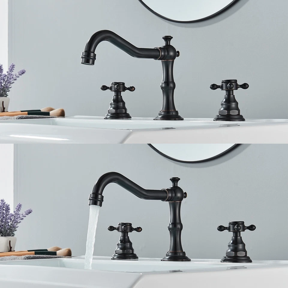 Oil Rubbed Bronze Bathroom Faucet 3 Hole Sink Vanity Mixer Faucet Tap with Drain - Image 3 of 4