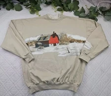 VTG Art Unlimited All over Print Red Barn Back and Front Brown Sweatshirt Size L