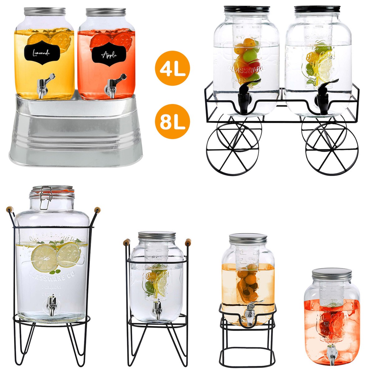 4L/8L Glass Vintage Beverage Drinks Dispenser on Metal Stand