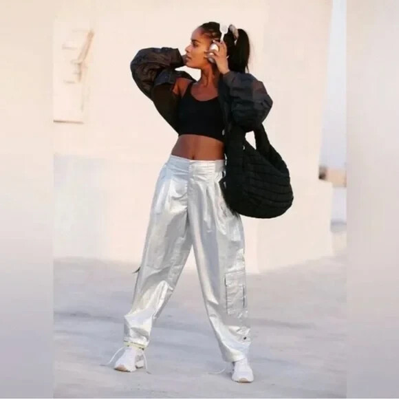 FP Movement Mesmerize Me Shine Pants NWOT Size S Silver