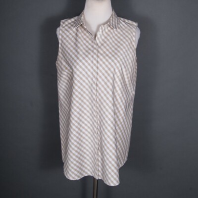 Lafayette Sleeveless Button Shirt Blouse Aline Checkered Tunic Beige White S