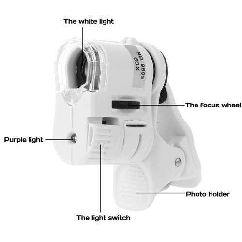 60x Universal Mobile Phone Mini Clip LED UV Lights Microscope Magnifier Loupe - Photo 8/12
