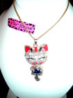 Betsey Johnson Multicolor MOVEABLE CAT BLUE CRYSTAL CENTER Gold Pendant NECKLACE