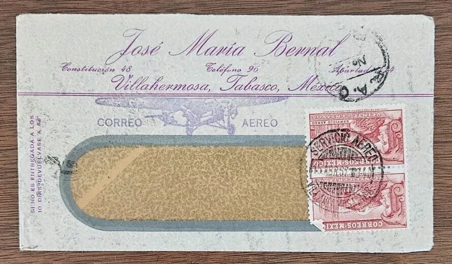 1937 Mexico to USA cover 2 x 20 centavos stamps canceled Tabasco Airmail window