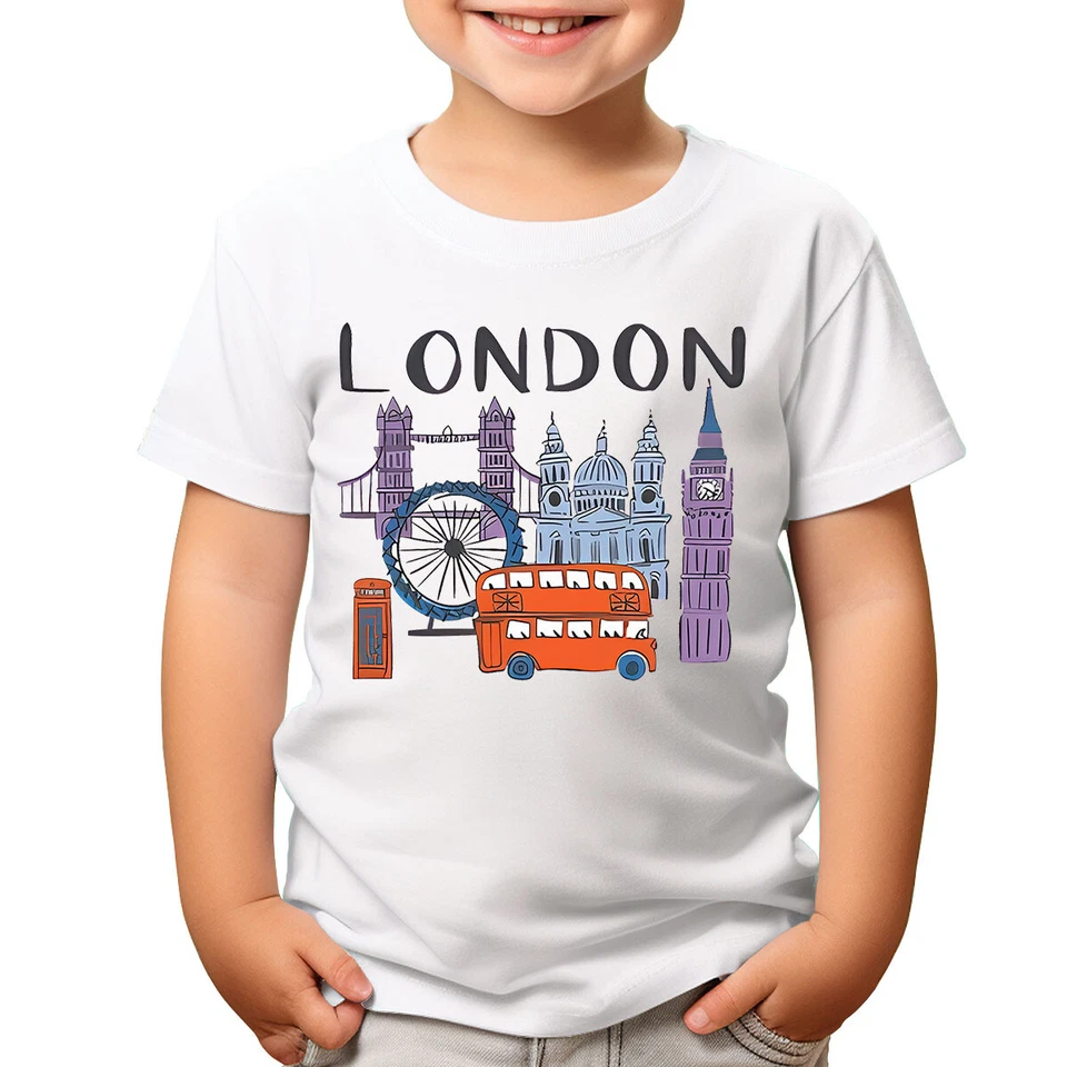 London Landmarks T-Shirt Famous British Icons Souvenir Cartoon Bus Tower #T490