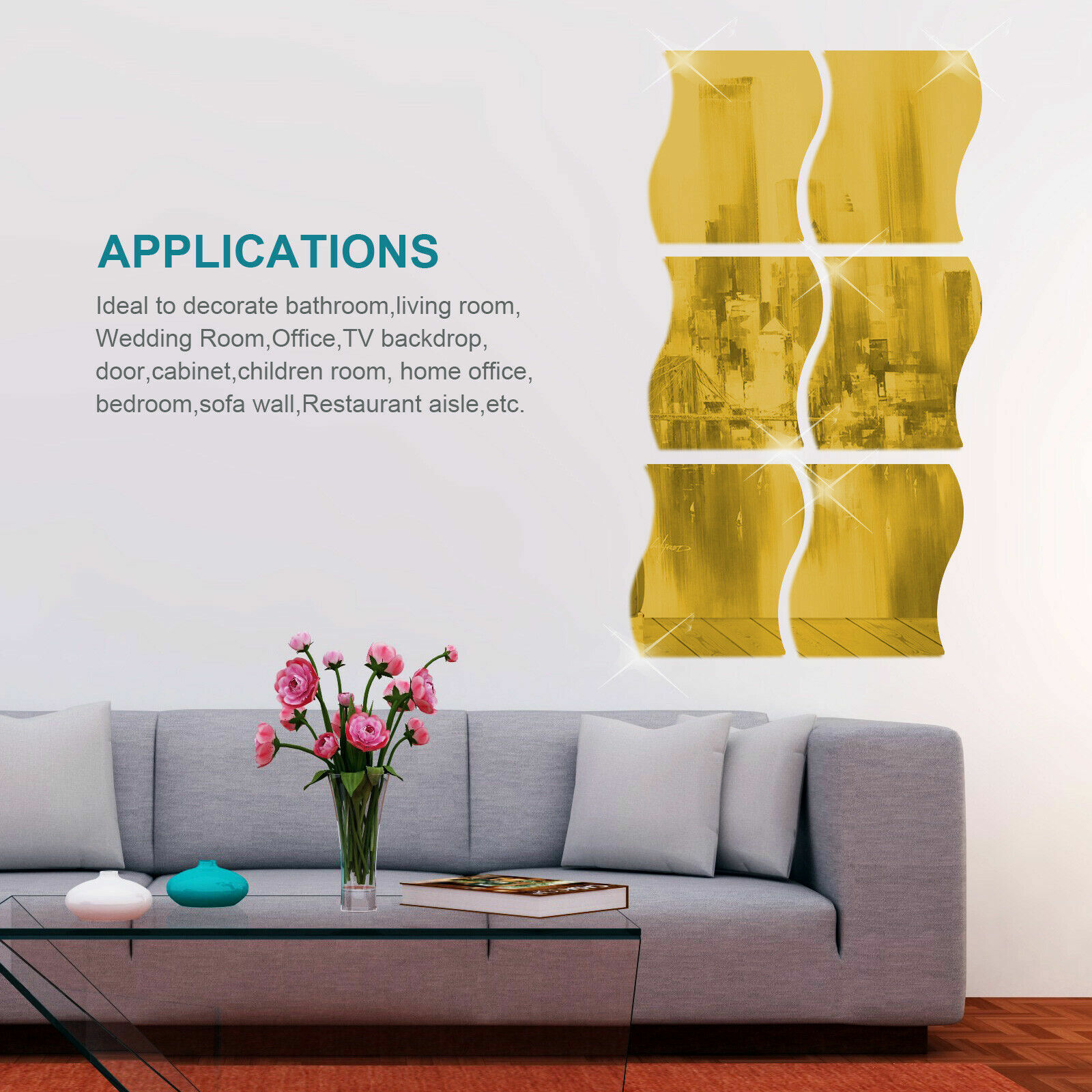 6PC 3D Mirror Wall Sticker Waves Shape Self-adhesive Home Bedroom Wall ...