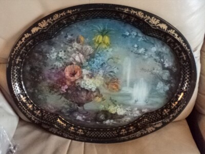 VINTAGE CHATSWORTH DERBYSHIRE SPRING FLORAL OVAL METALL SERVIERTABLETT 51,5 X38,5 cm