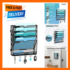 Wall File Organizer with Five Tiers and Hooks, Black, Mail and Paper Sorter