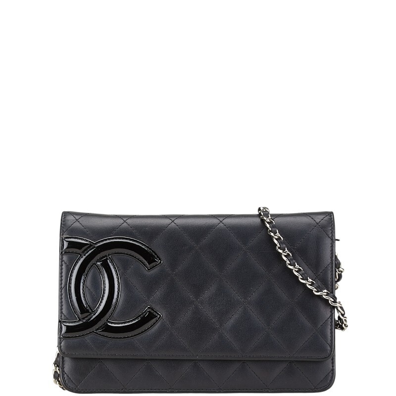 CHANEL Cambon Coco Mark Chain Wallet Bag Black Lambskin Enamel