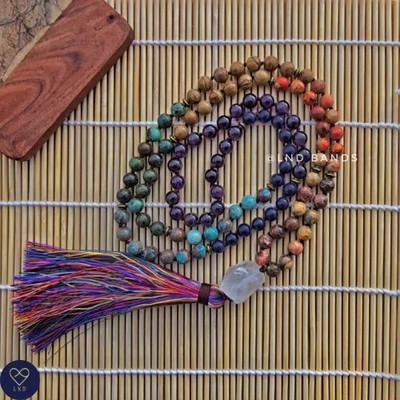 7 Chakra Halskette, Naturstein 108 Mala Perlen Meditationskette, Quaste Yoga