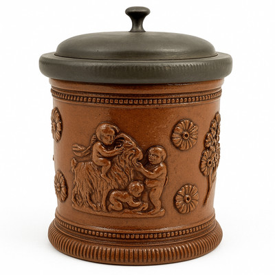 Antique Beauvaisis Sandstone Tobacco Pot - Embossed Putti - Tin Lid - 19th Century