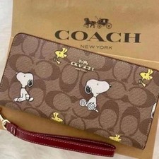 COACH x PEANUTS Long Zip around Wallet Snoopy Woodstock Khaki Signature CE705