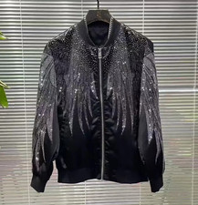 Giacca Cappotto Uomo Lusso Ali Diamante Strass Moda Nero Alta Qualità Nuovo