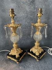 Pair French Rococo Crystal Table Lamps Vintage Gilt Marble Base Georgian Style