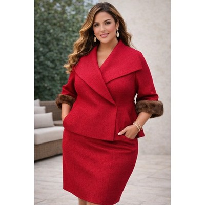 Escada Skirt Suit Women 44/42 Red Wool Mink Fur Wrap Jacket Pencil Skirt Set