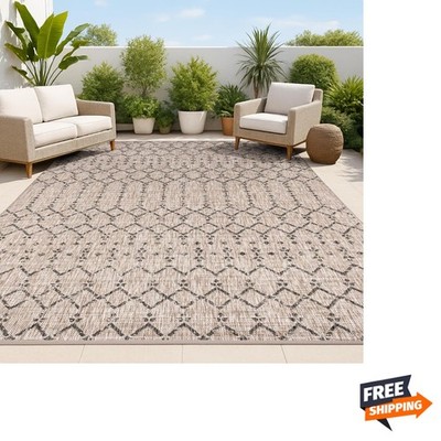 Moroccan Geometric Indoor/Outdoor Area Rug, 8x10, Natural/Black   Ships Rolle...