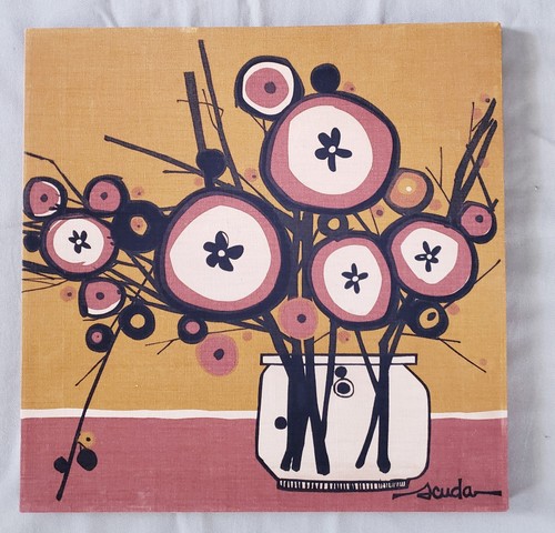 Bob Van Allen Scuda Vase And Flowers Framed Fabric MCM 18in X 18in Canvas Art
