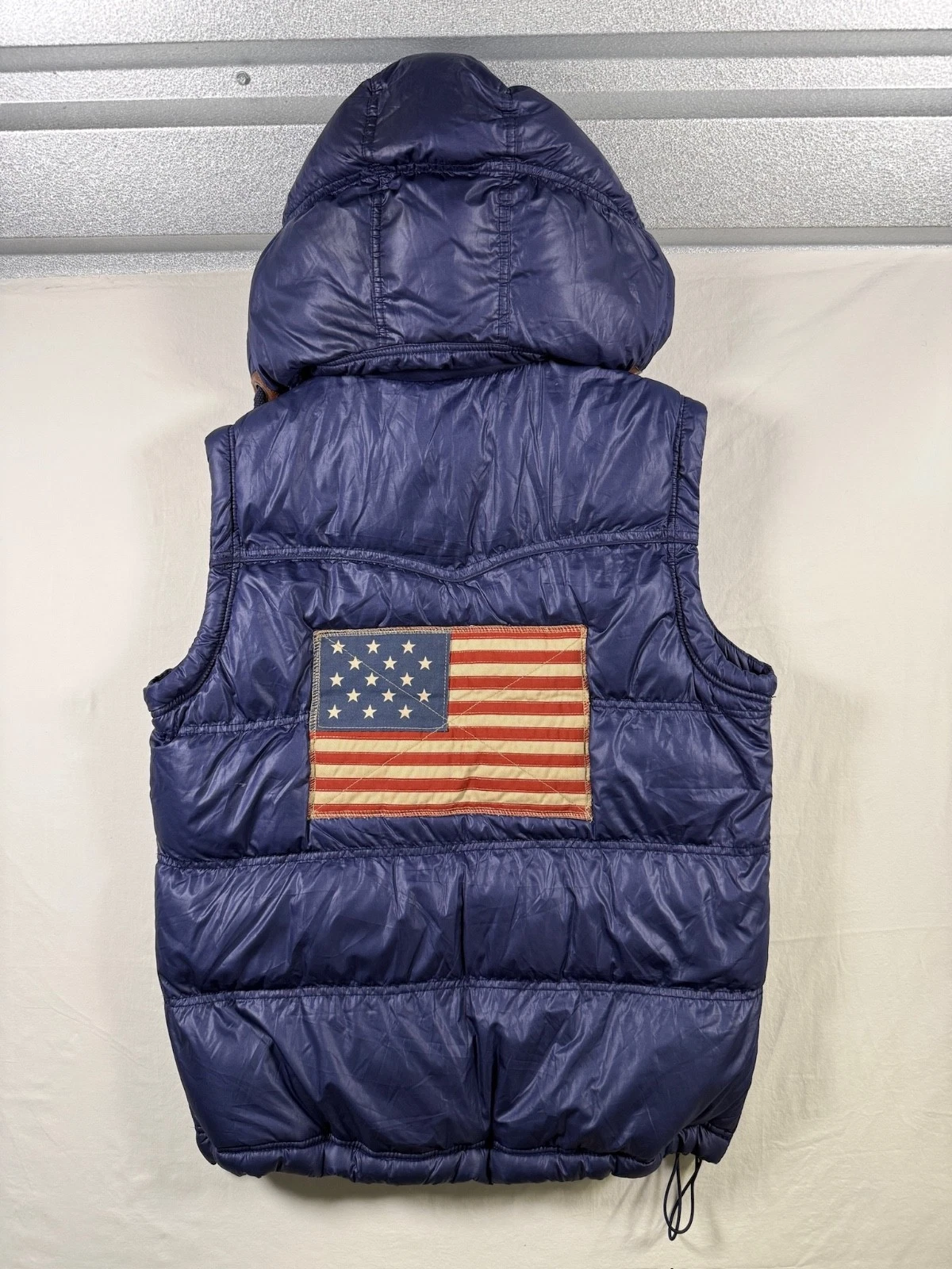 Hudson Varsity Puffer Vest Hooded Patchwork Letterman Navy Yellow L