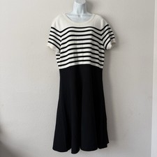 Talbots Striped Knit Dress XL Black & White Fit & Flare Midi Scoop Neck Preppy