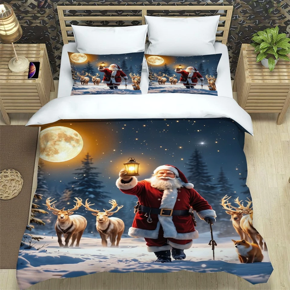 Santa Reindeer Moon Bedding Set Queen Doona Quilt Duvet Cover Pillowcase - image 1 of 1
