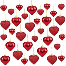 36Pcs Heart Shaped Ornaments for Valentine's Day Tree, Red Glitter Decorations