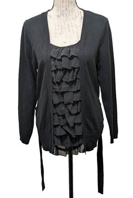 Joseph A. Sweater  L  Black  Ruffle Down Front  Scoop  Pullover  Whimsey Goth